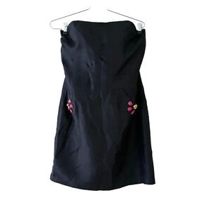 Y2K Claude Brown Womens Black Tube Mini Dress 8 Floral Strapless Silk Beaded LBD